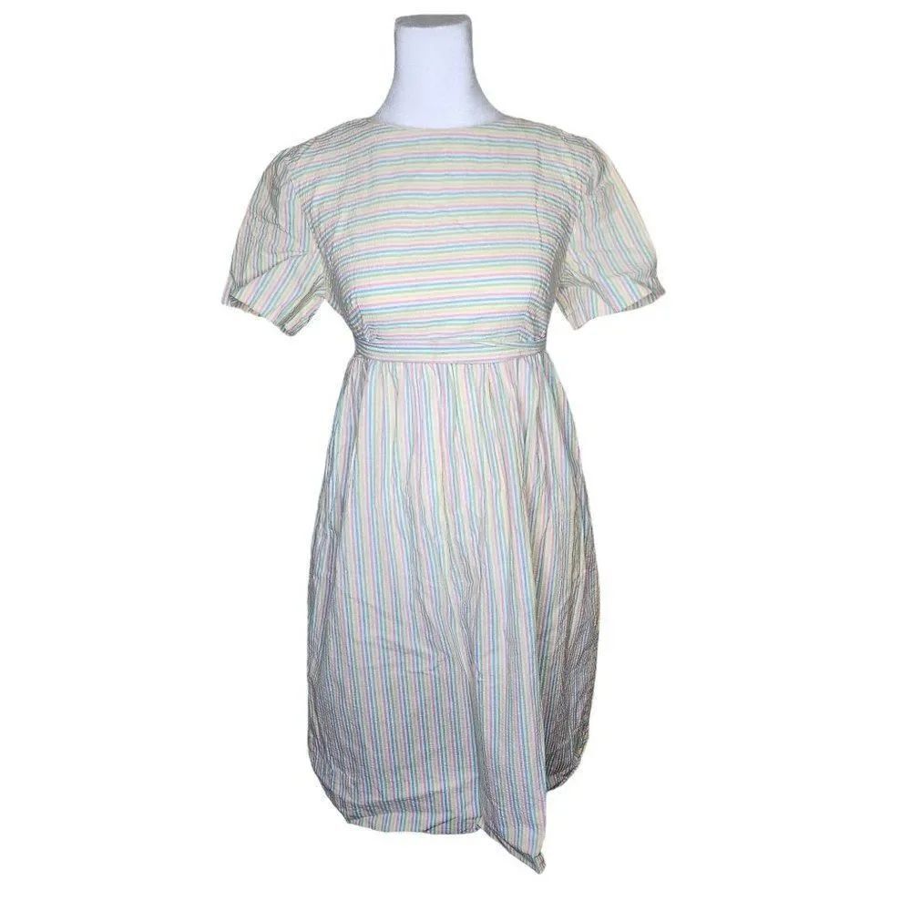 Vintage 70s Empire Waist Babydoll Dress Womens Size MโRainbow Pastel Stripes See